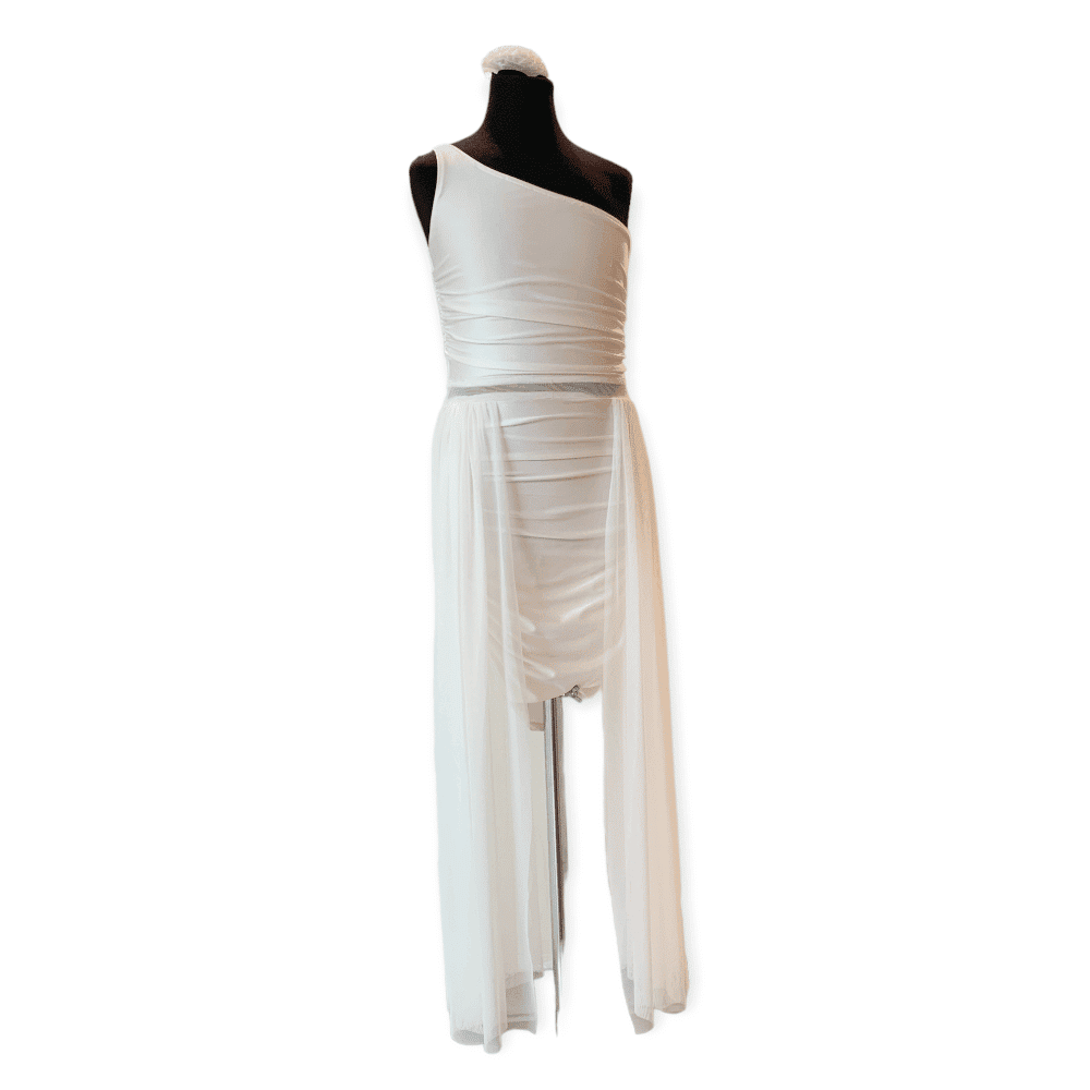 שמלת בת מצווה לבנה עם כיווצים חלקה ושיפון – מידות 12-22