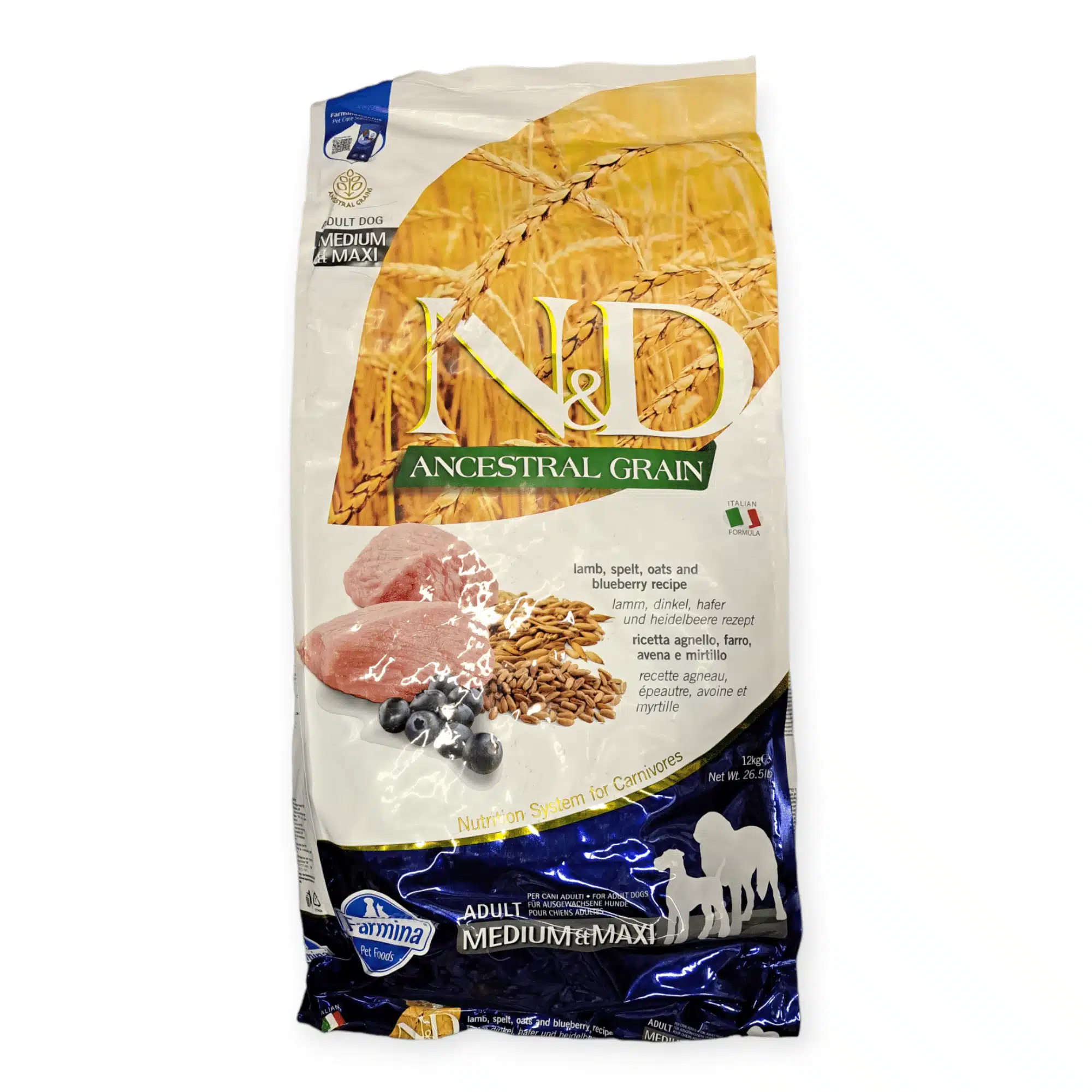 N&D Ancestral Grain טבעי וטעים כבש ואוכמניות 12 ק”ג לחתולים בוגרים