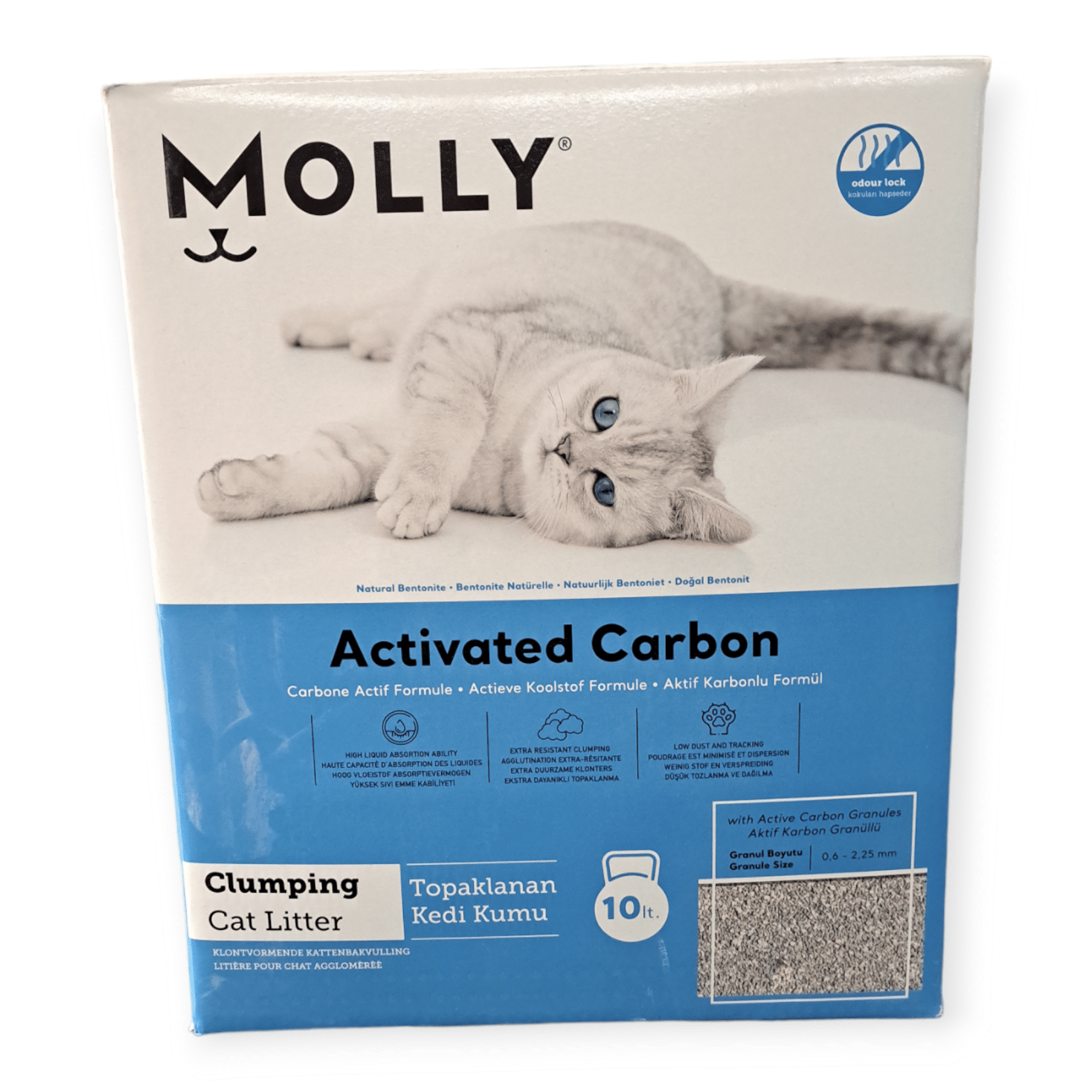 מולי פחם קריסטלי לחתולים, 10 ק”ג, באריזת קרטון, כחול