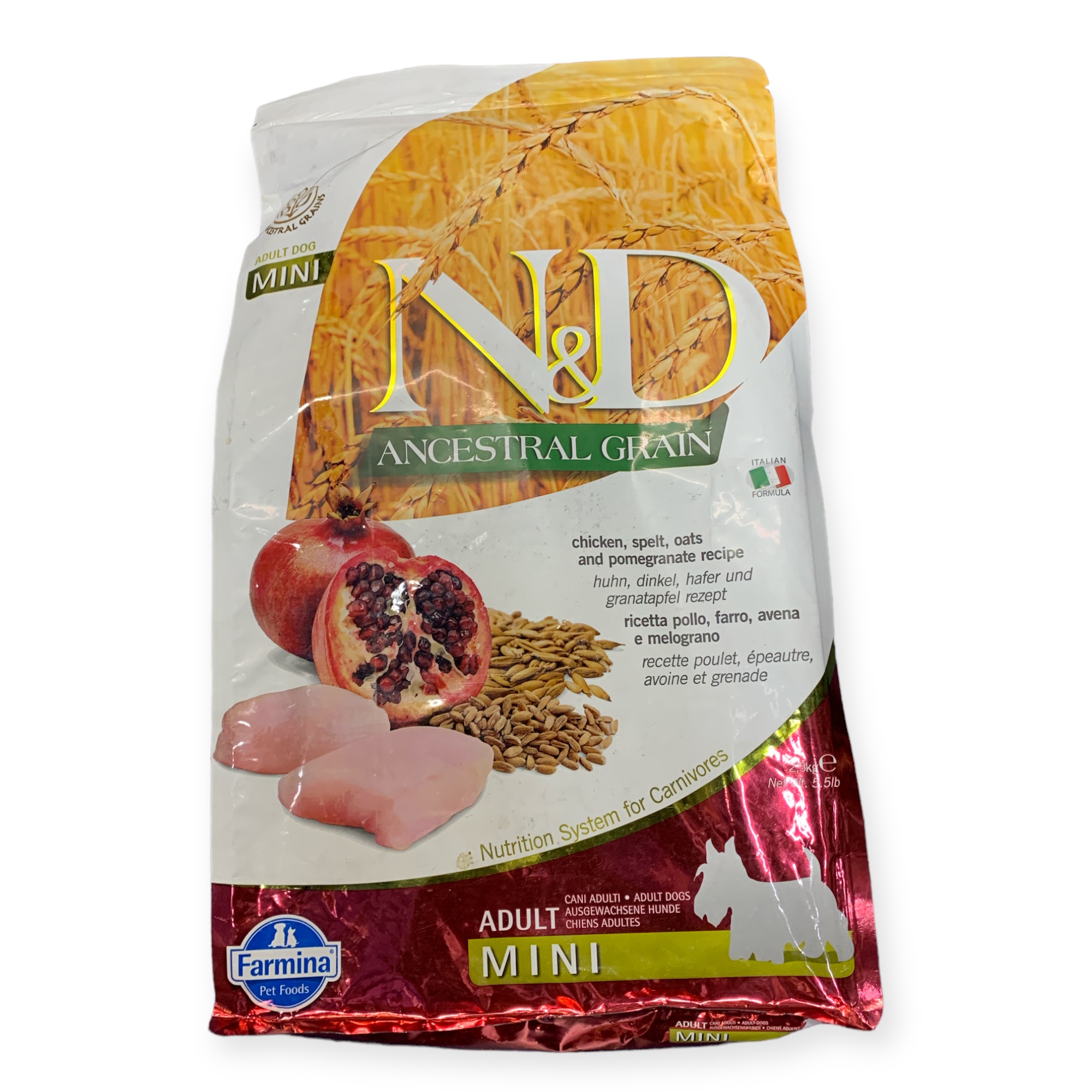 N&D Ancestral Grain טבעי וטעים עוף ורימון מיני לכלב בוגר, 2.5 ק”ג