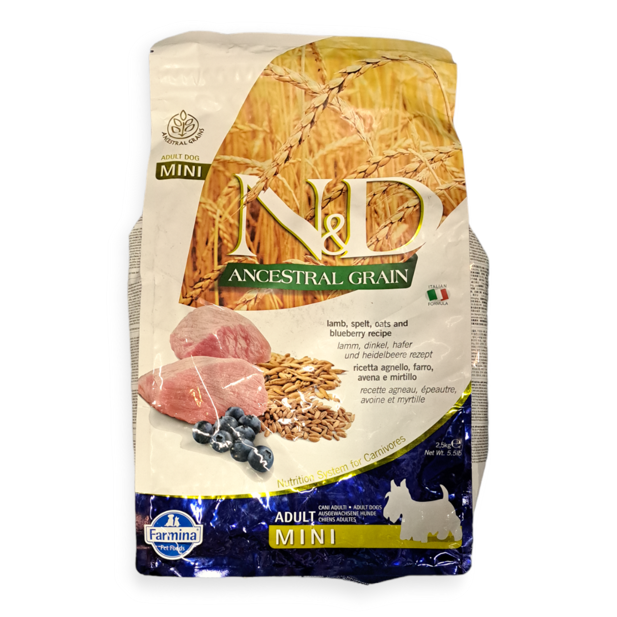 N&D Ancestral Grain טבעי וטעים כבש ואוכמניות מיני לכלב בוגר, 2.5 ק”ג לחתולים