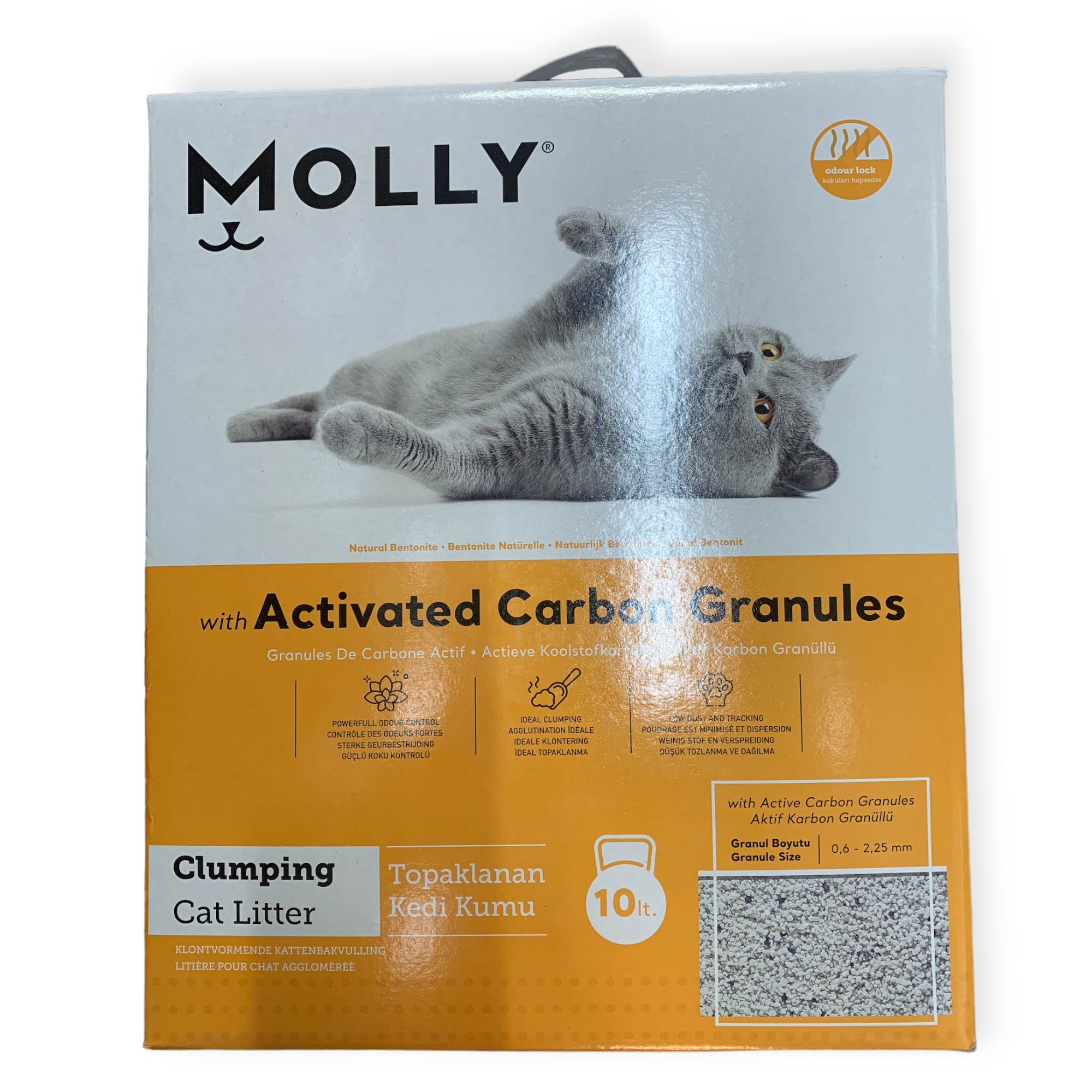 מולי – חול לחתולים בקופסת קרטון, 10 קילוגרם, צבע פחם