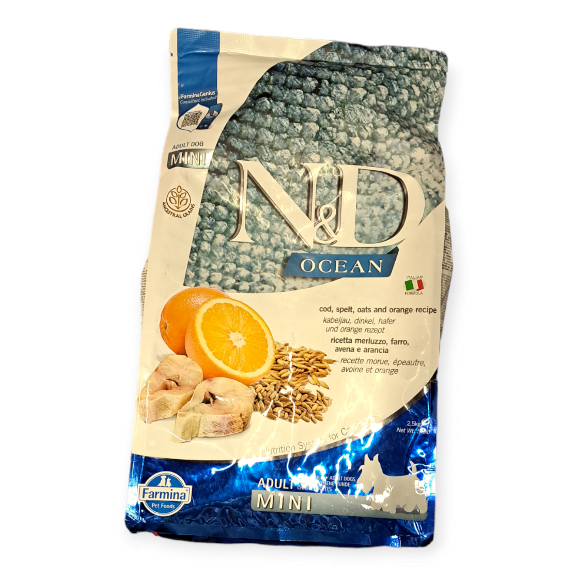 N&D Ancestral Grain נטורל אנד דילישס דג ותפוז מיני לכלב בוגר, 2.5 ק”ג