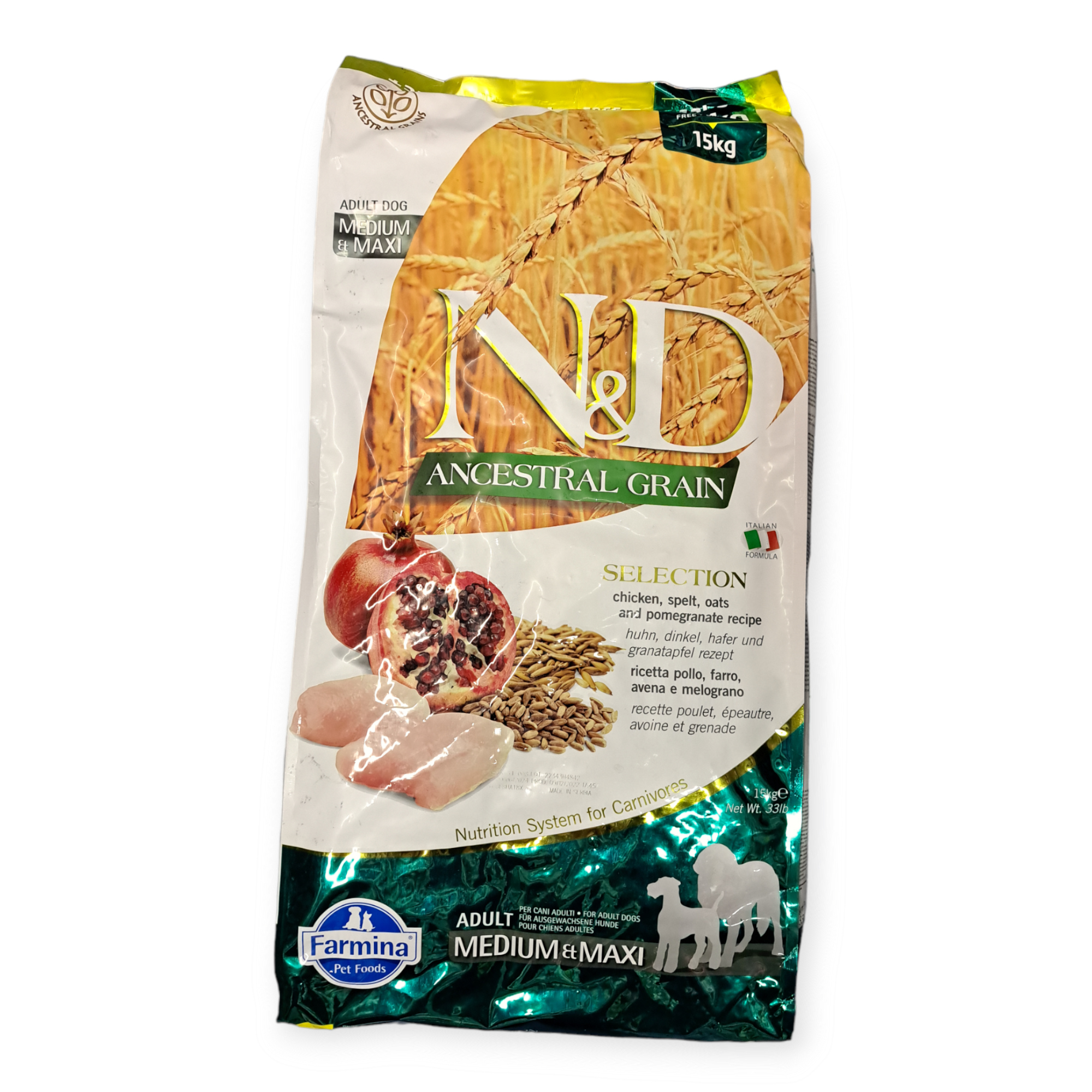 N&D Ancestral Grain טבעי ומפנק עוף ורימון, 15 ק”ג לחתולים