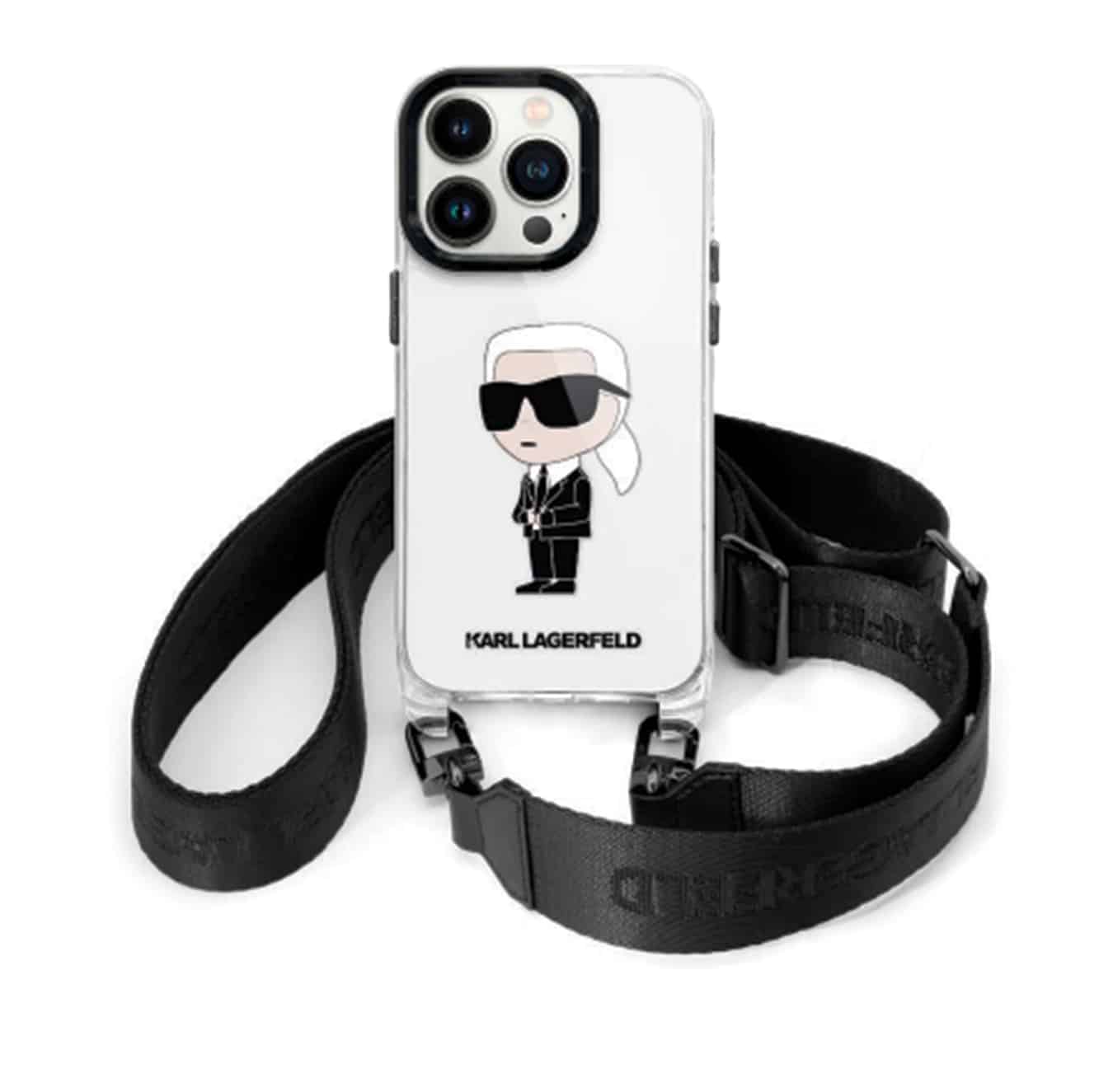 Karl Lagerfeld קרל לגרפלד כיסוי שקוף לאייפון 15 עם דמות ועם רצועה