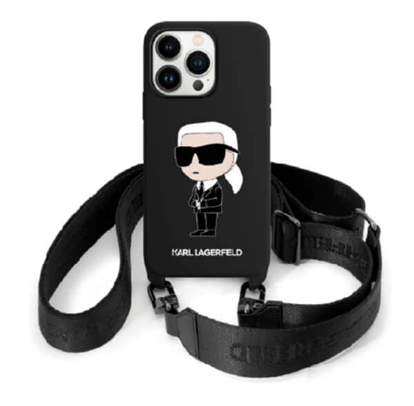 Karl Lagerfeld קרל לגרפלד כיסוי לאייפון בצבע שחור עם דמות ועם רצועה