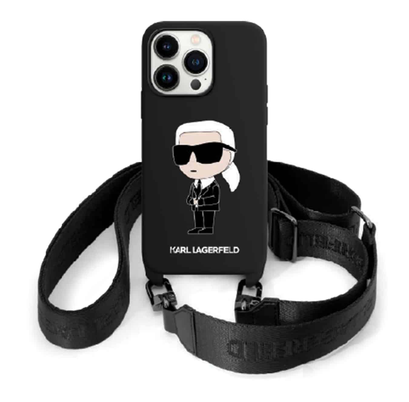 Karl Lagerfeld קרל לגרפלד כיסוי לאייפון 15 פרו מקס בצבע שחור עם דמות ועם רצועה