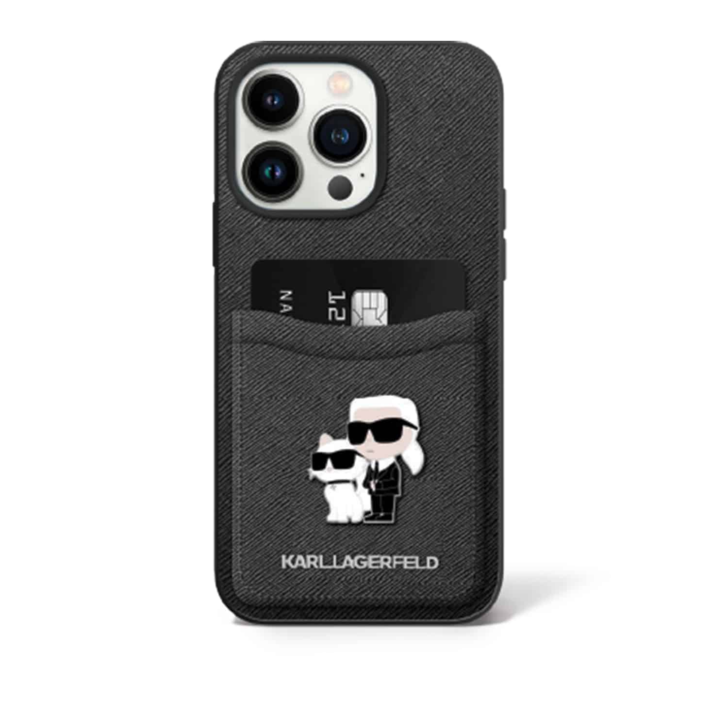 Karl Lagerfeld קרל לגרפלד כיסוי לאייפון 15 פרו מקס בצבע שחור עם דמות עם ארנק לכרטיס אשראי