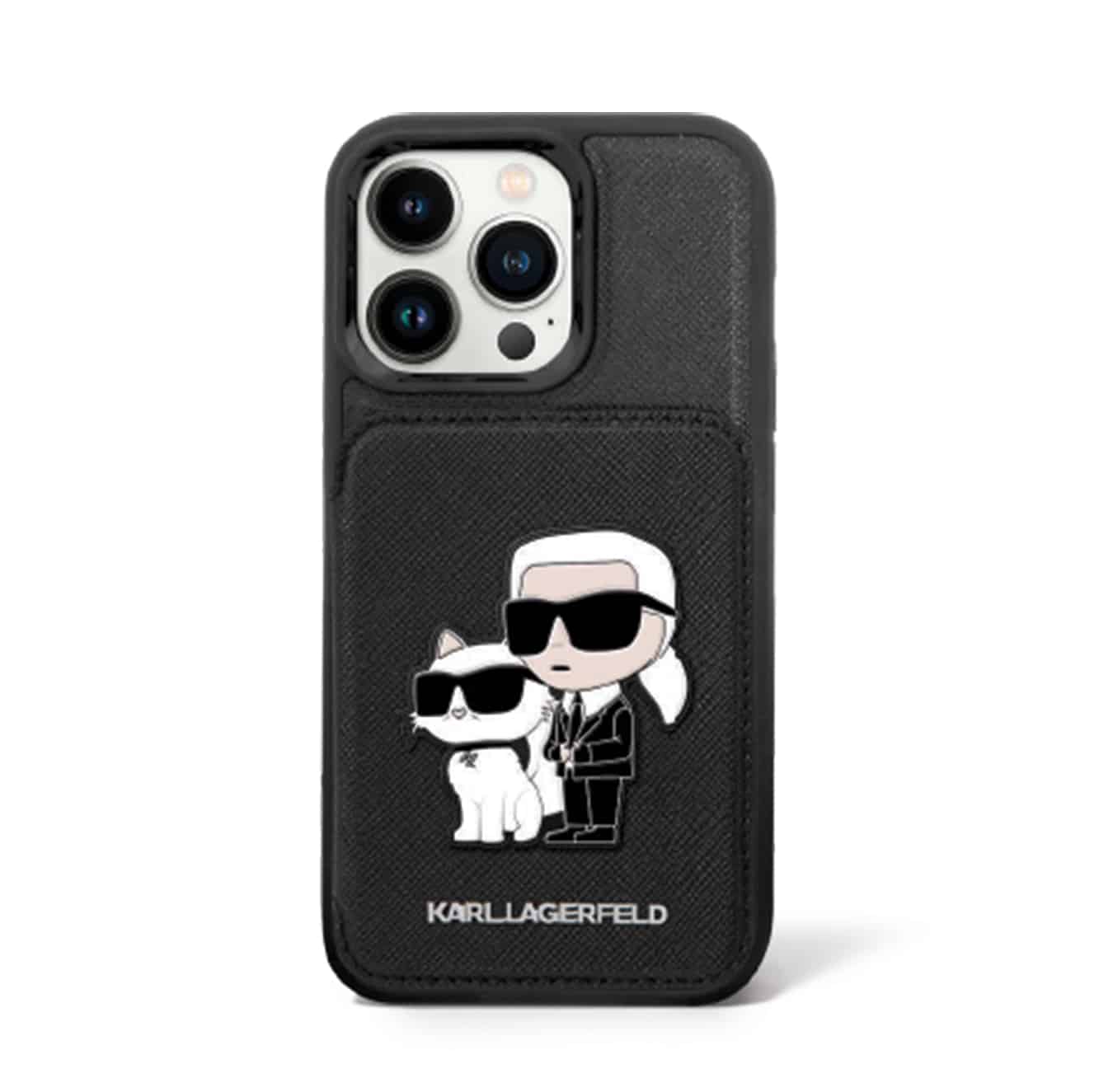 Karl Lagerfeld קרל לגרפלד כיסוי לאייפון 15 פרו בצבע שחור עם דמות עם ארנק לכרטיס אשראי